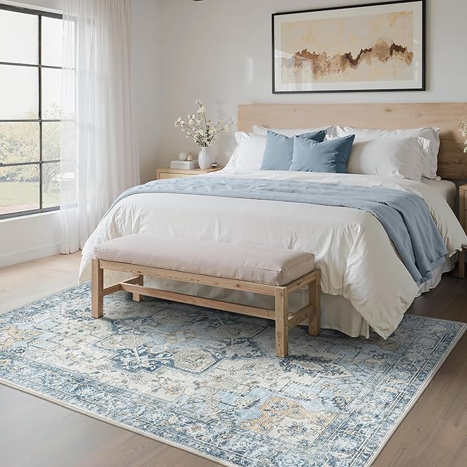 5x7 Area Rugs for Living Room, Machine Washable Rug, Non Slip Vintage Rugs, Low Pile Lightweight Print Rug for Bedroom, Dining Room, Home Office, Blue
