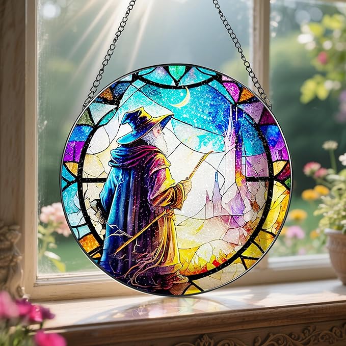 Stained Glass Window Hanging, LAOWEIKI 8'' Witch Suncatcher, Stained Glass Ornament, Suncatchers for Windows Hanging, Window Decor, Outdoor or Indoor, Gifts for Friends