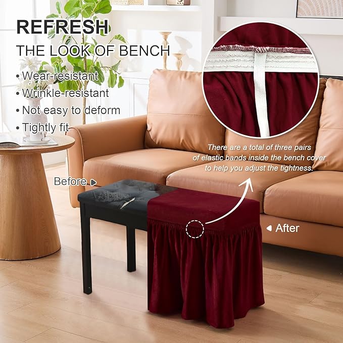 NICEEC Spandex Stretch Piano Bench Cover with Skirt Removable Ottoman Cover Rectangular Washable Stool Slipcover for Duet Piano Bench Seat Cushion Protector(Red)