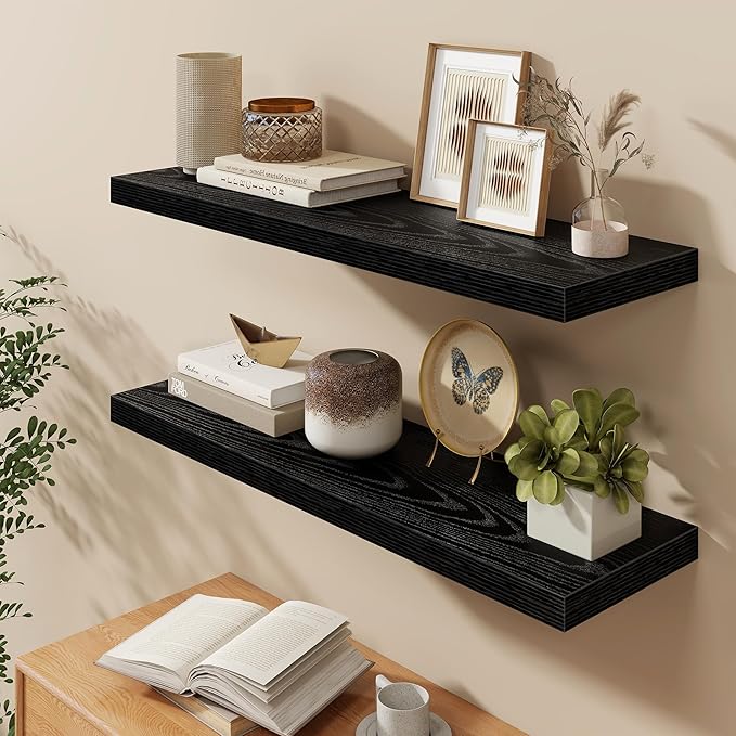 Fun Memories 40" W x 9.3" D Black Floating Shelves for Wall, Deep Long Floating Shelf for Home Bathroom, Bedroom, Living Room, Rustic Wood Wall Mounted Shelves for Books Decor