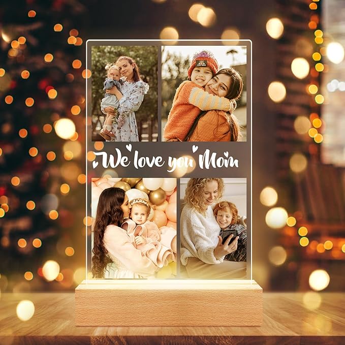 Personalized Picture Frame with Night Light, Custom Photo Frame with Photos, Customized Gifts for Mom Girls Boys, Personalized Christmas Birthday Gifts for Mom, Kids, Baby, Family