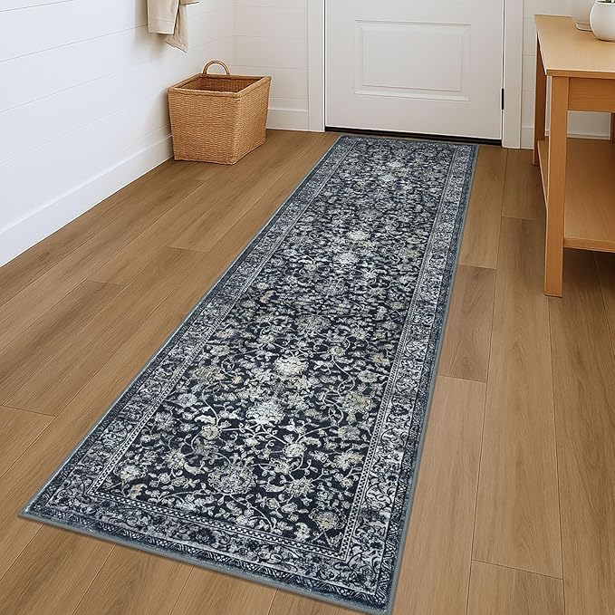 KILOCOCO Hallway Runner 2x7 Rug Runner Printed Vintage Floral Washable Kitchen Runners Non-slip Rubber Backed Runners for Hallways Laundry Room Distressed Boho Rugs for Entryway Bedroom, Navy/Charcoal