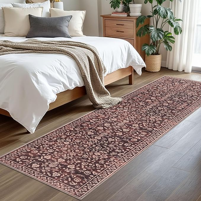 Vintage Washable 2x8 Runner Rug Non Slip, Burgundy Hallway Runner Rug, Super Soft Kitchen Runner Rug, Printed Faux Wool Thin Carpet Runner for Entryway Indoor Laundry Room Bedroom