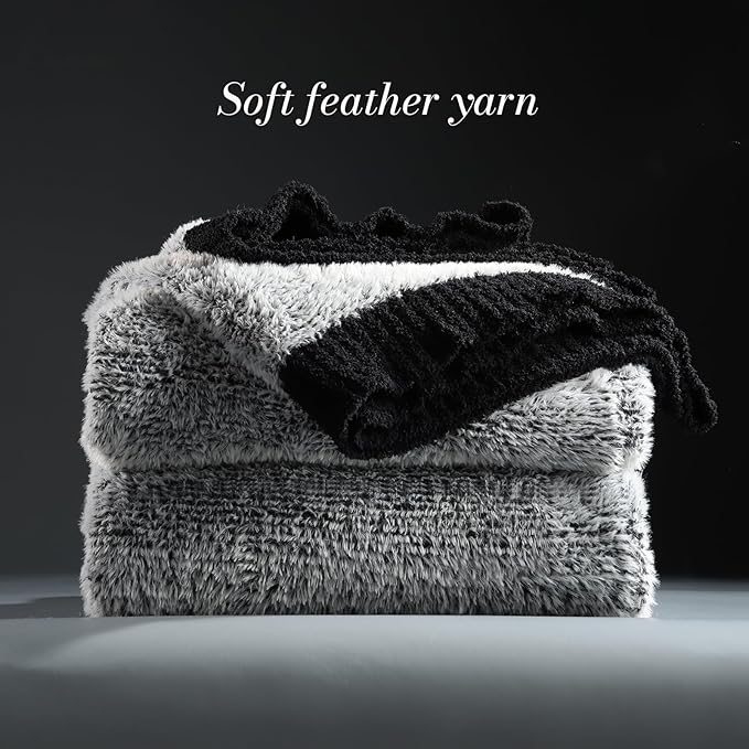 Amélie Home Knit Throw Blanket for Couch, Super Soft Cozy Fuzzy Throws for Sofa Bed Living Room, Luxury Cozy Fluffy Throw for Room Decor, 60" x 80", Heather Black