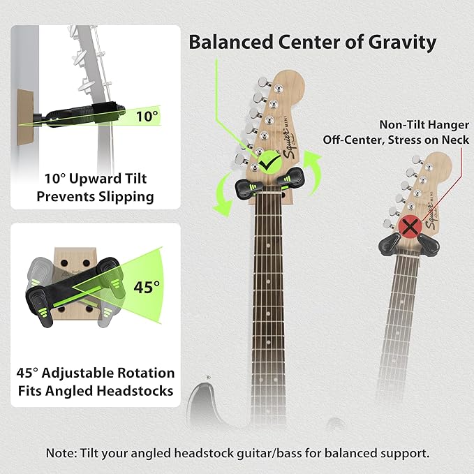 Guitar Wall Mount Autolock - Nitro Friendly Velvet Hook, Never Fall Off Design 4-Screw Beech Wood Locking Guitar Wall Hanger for Bass, Acoustic, Classical, Electric, 8 String Guitar