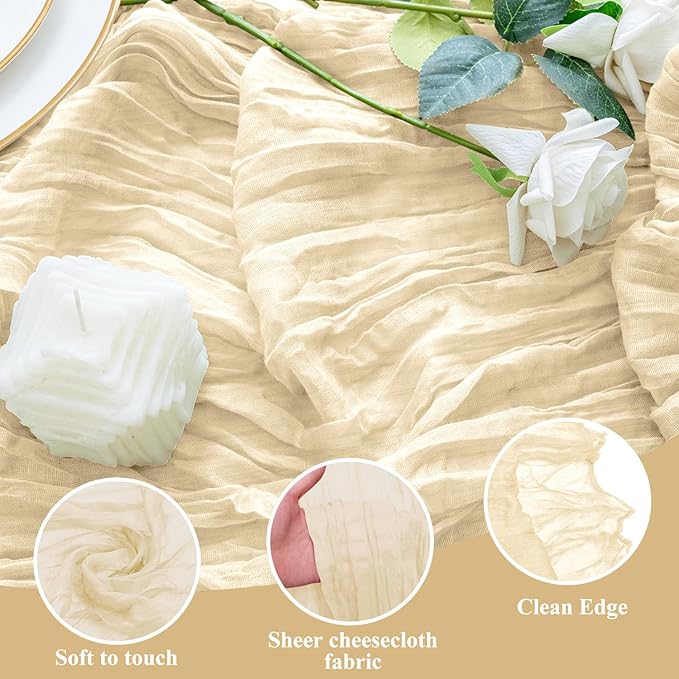 2PCS Table Runner Cheesecloth 10FT Beige Boho Gauze Cheese Cloth Rustic Sheer Table Runners for Wedding Bridal Baby Shower Party Decoration