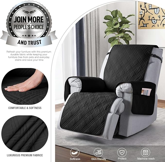 TAOCOCO 100% Waterproof Recliner Chair Covers, Non Slip Recliner Covers for Recliner Chair with Pocket, Washable Reclining Chair Cover Furniture Protector for Kids,Dogs(25'', Black)