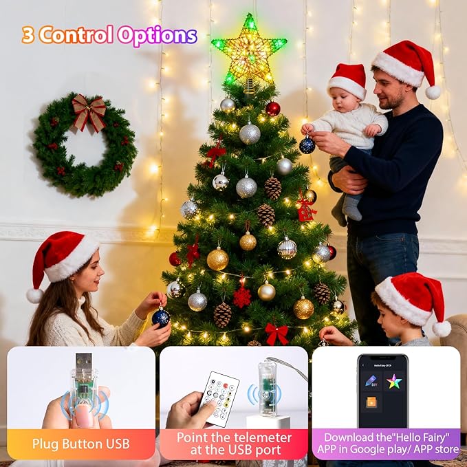 Christmas Tree Star Topper, LED Tree Decorations, UL Certified Colorful Star Tree Topper Lights for Home Garden USB Plug in Xmas Tree New Year Holiday, APP and Remote Control, DIY Dimmer(Gold)