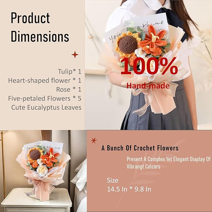 LOEVEN Crochet Flowers, Crochet Flower Bouquet, Crochet Sunflower, Tulip Roses Handmade Knitted Flowers, Carnation, Preserved Flower for Mother's Day, Valentine's Day, Birthday, Graduation (Orange)