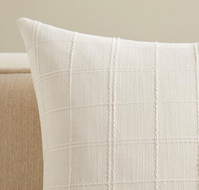 ZeeMart Linen Checked Throw Pillow Covers Set of 2, 24x24 Inch Ivory/Cream, Farmhouse Decorative Single Sided Grid Embroidered Couch Pillow Cases Off White Cotton Linen Cushion Covers