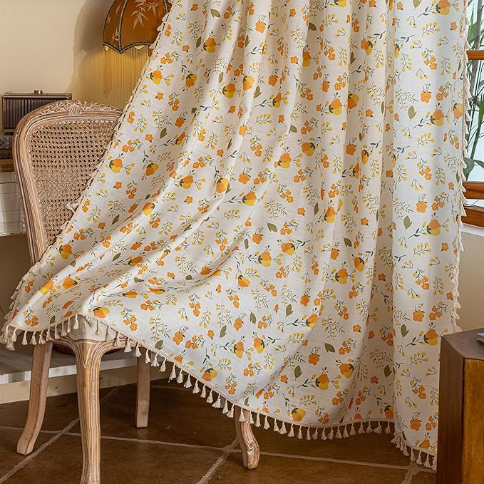 OYX Yellow Boho Pattern Floral Curtains 96 Inch Length 2 Panels for Living Room, Bedroom Light Filtering Drapes, Vintage Country French Tassels Patterned Rod Pocket Aesthetic Decor Window Treatments