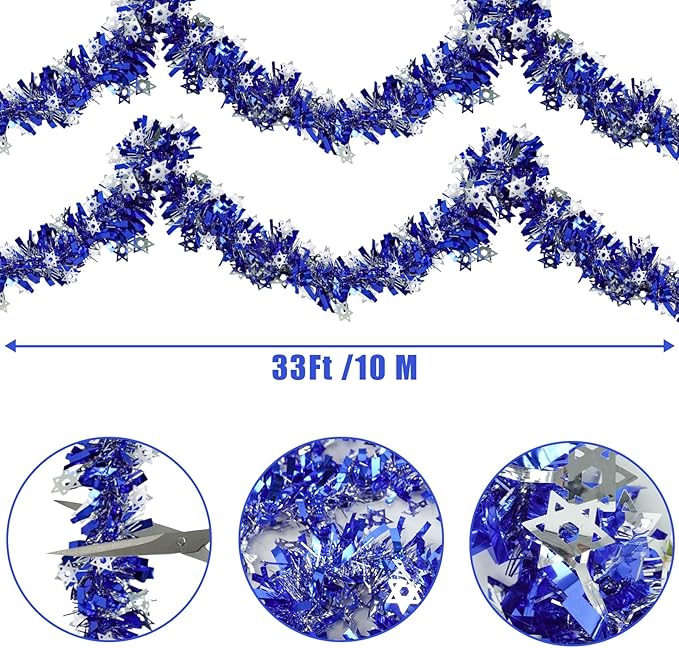 66 Ft Hanukkah Tinsel Garland Blue Metallic Garland with Silver Stars Hanukkah Chanukah Decorations for Outdoor Indoor Holiday Party Christmas Supplies