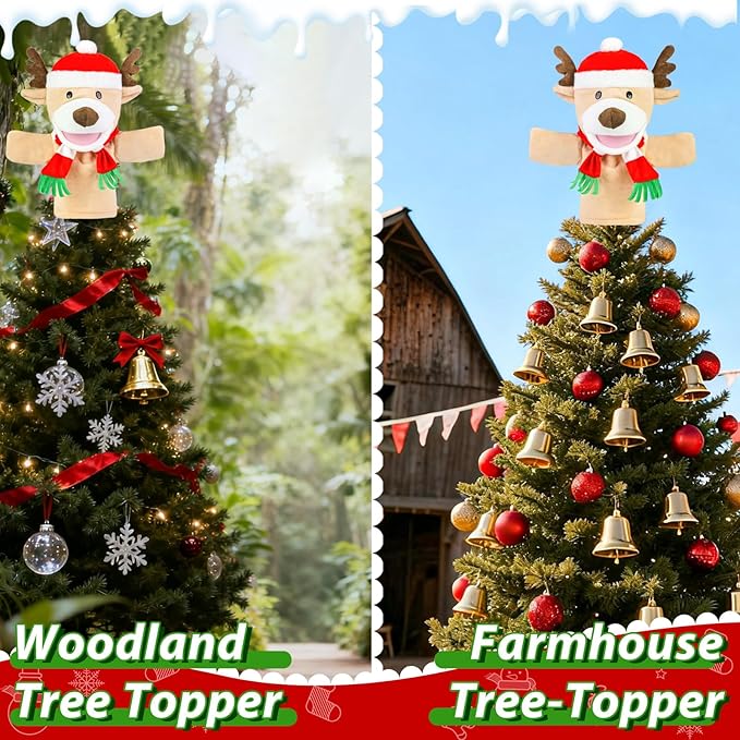 Eyourlife Reindeer Christmas Tree Topper, 11 Inch Plush Stuffed Deer Tree Topper with Red Santa Hat and Scarf, Farmhouse Animal Treetop for Christmas Winter Woodland Holiday Indoor Outdoor Tree Decor
