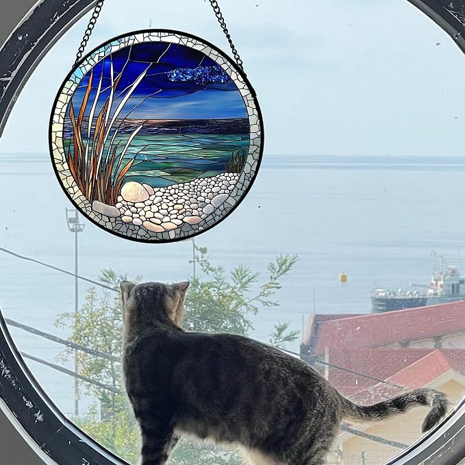 Stained Glass Window Hanging 4 Pcs Set Navy Blue Ocean Landscape 9.8" - Suncatcher Door Garden Sun Catcher Decor Birthday Mother's Day for Mom Woman Nana Girl Boy Friend