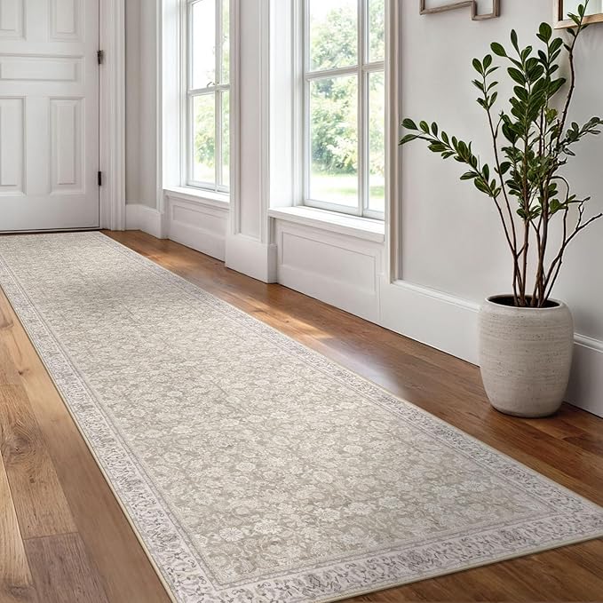 2.6x12 Washable Runner Rug for Kitchen, Cream Beige White Grey Soft Classic Runner with Non-Slip, Non-Shedding Distressed Floral Rug for Hallways Entryway Bedroom Laundry Indoor