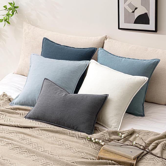 Woaboy 24x24 Inch Set of 2 Decorative Linen Solid Throw Pillow Covers Boho Accent Farmhouse Couch Pillowcases Modern Netural Euro Home Decor for Couch Sofa Living Room Bed,Coastal Blue