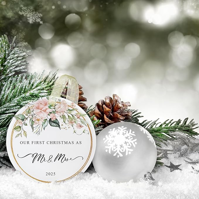 First Christmas as Mr and Mrs Ornament 2025,1st Year Wedding Ornament for Newlywed,Our First Married Christmas Ornament,Ceramic Hanging Decoration for Couples Just Married with Gift Box&Ribbon 2.9"
