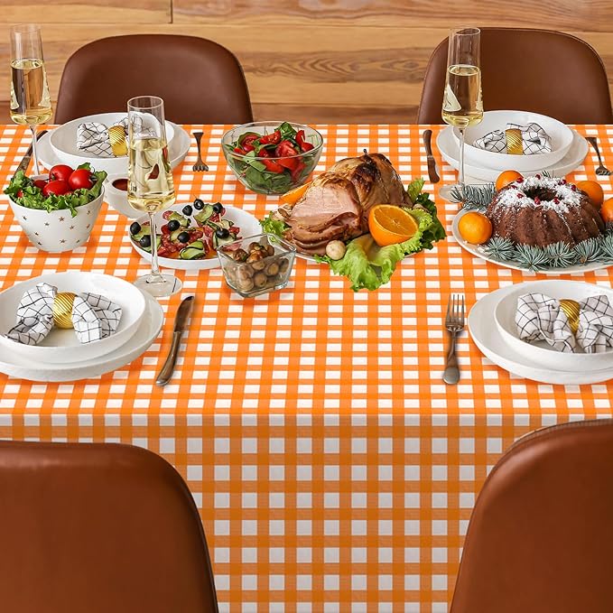 6 Pcs Orange Gingham Tablecloth Decorations, Disposable Plastic Orange and White Checkered Tablecloth Buffalo Plaid Table Cover for Autumn Thanksgiving Birthday Party Supplies,54 x 108 Inch