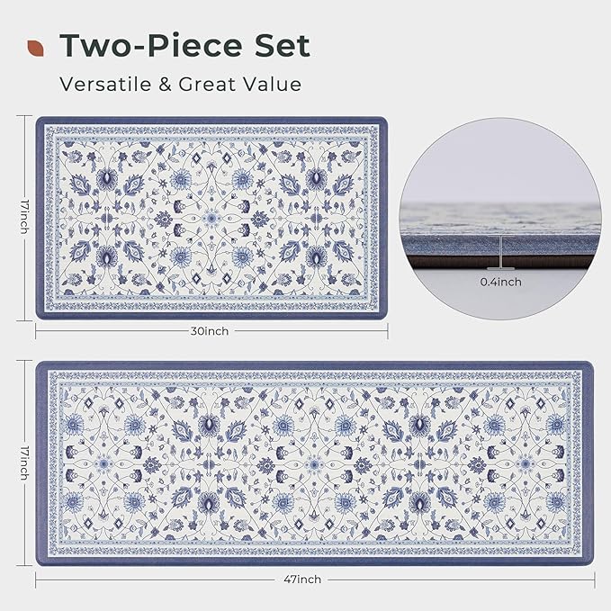 FRESHMINT Anti Fatigue Kitchen Mats for Floor 2 Piece Set, Waterproof & Non-Skid Vintage Floarl Kitchen Rugs, Cushioned Kitchen Mat for Standing Washable Comfort Desk Kitchen Runners, 17x30''+17x47''