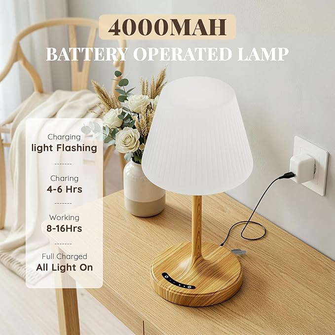 Cordless Table Lamp, Waterproof Shower Lamp, 4000mAh Rechargeable Table Lamps, 3-Color Dimmable Light, Battery Operated Lamp Desk Night Lamp for Bathroom Bedroom Patio Camping Restaurant (Wood Grain)