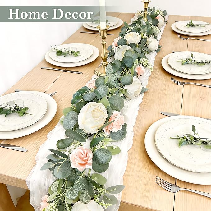 2 Pack 13Ft Artificial Eucalyptus Flower Garland with 16 White Peony Pink Rose, Baby Breath Fake Flowers Greenery Garland Floral Vine for Mantle Wedding Table Runner Centerpiece Backdrop Home Decor