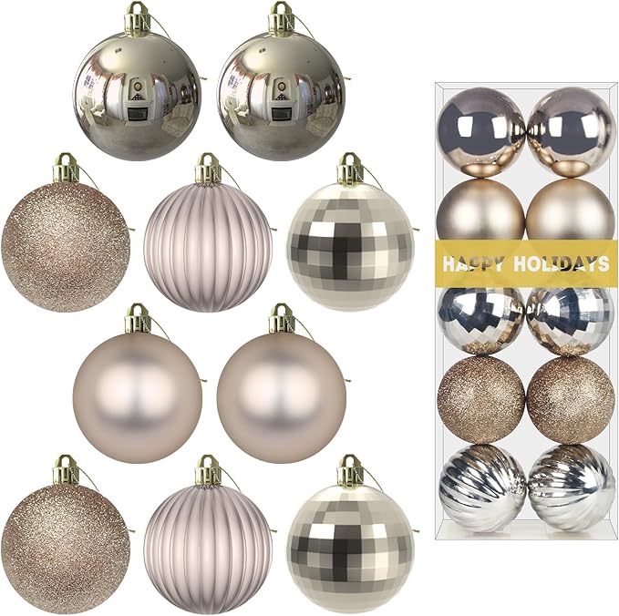 Champagne Gold 2.5" Christmas Balls Christmas Tree Decoration Ornaments Shatterproof Hanging Balls for Birthday Halloween Holiday Wedding Decorations Set of 10pcs