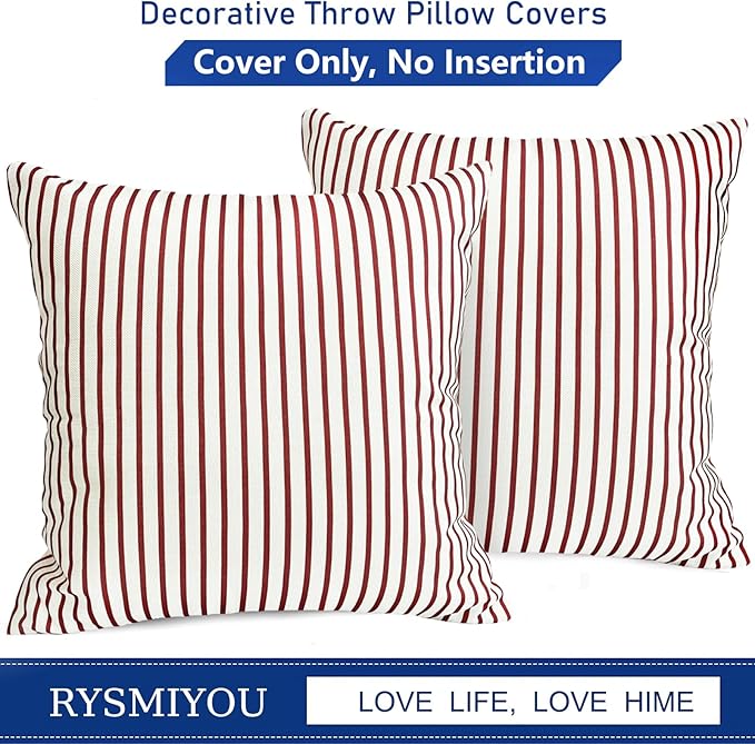 Decorative Throw Pillow Covers Set of 2 Wine Red Striped Pillow Covers 16x16 Inch Throw Pillow Cover Linen Pillowcase Modern Farmhouse Outdoor Pillow Covers for Couch Sofa Living Room