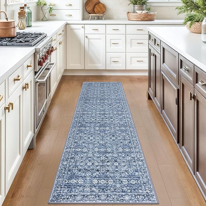 2x7 Runner Washable Rug for Hallways, Blue Soft Classic Kitchen Rugs with Non-Slip, Non-Shedding Distressed Floral Rug for Hallway Entryway Bedroom Bathroom Laundry Indoor