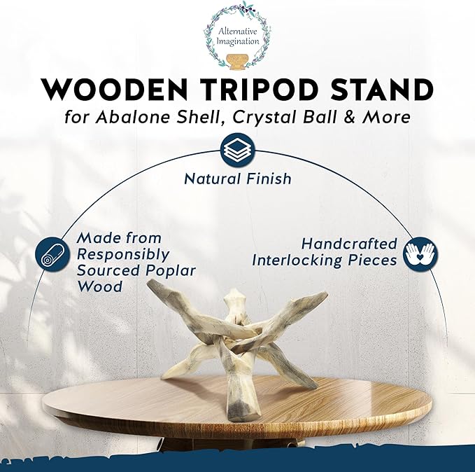 Alternative Imagination Wooden Tripod Display Stand - 6-Inch Hand Carved Holder Made from Mango Wood -Folding Natural Stand for Abalone Shell, Crystal Ball, Key Bowl,Trinket Dish, Incense,Decor & More