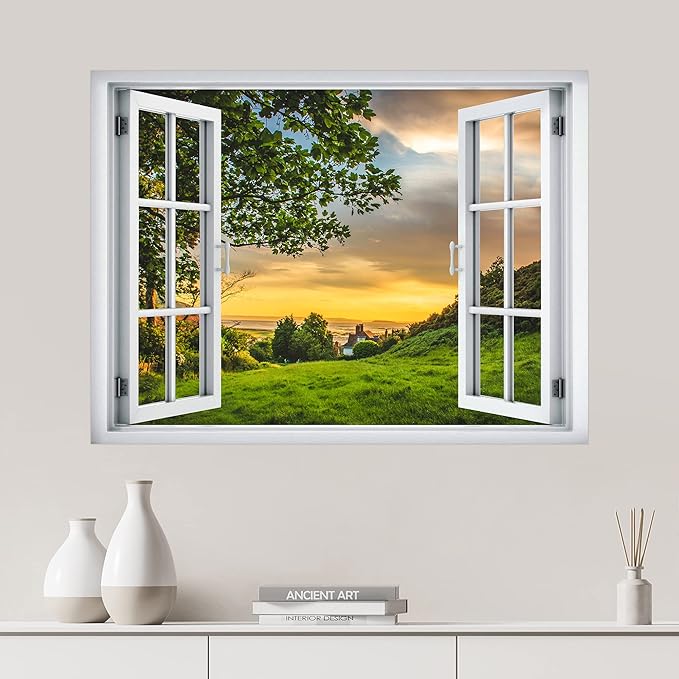 SIGNWIN Removable Wall Sticker/Wall Mural Window View Sunset Sky Countryside Field Nature Wilderness Photography Realism Decorative Landscape Digital Art for Living Room, Bedroom, Office - 24"x32"