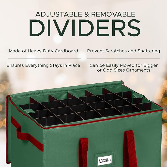 Christmas Ornament Storage Container,Box Stores Up to 96-4 inch ornaments, Adjustable Dividers, Large Organizer Bin to Protect and Store Holiday Décor - Green