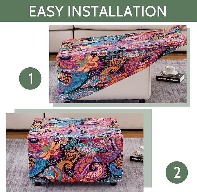 HAOYONG Ottoman Cover Square, Stretch Ottoman Slipcover Printed, SoftFoot Stool Cover Protector with Nonslip Elastic Bottom Removable Washable