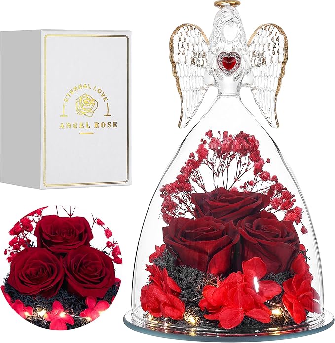 Mothers Day Rose Gifts for Women, Large Angel Figurines with Real Roses, Preserved Real Flower Rose for Her - Wine Red