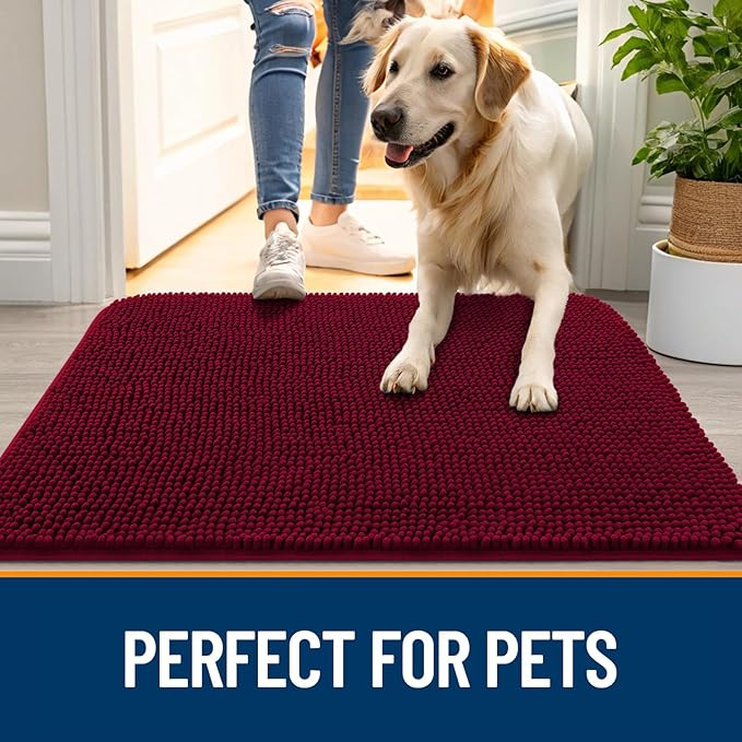 OLANLY Dog Door Mat for Muddy Paws 48x30, Absorbs Moisture and Dirt, Absorbent Non-Slip Washable Doormat, Quick Dry Chenille Mud Mat for Dogs, Entry Indoor Entryway Carpet for Inside Floor, Burgundy