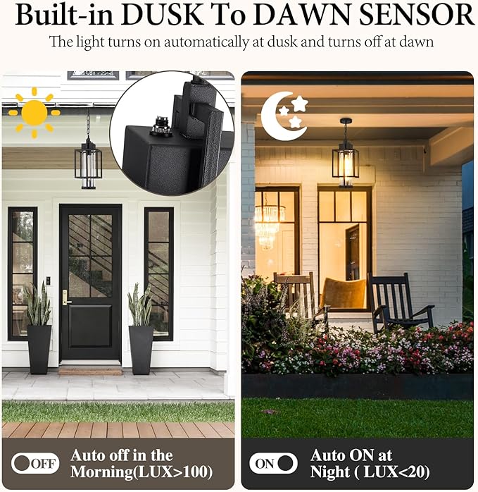 Outdoor Pendant Light, 16" Dusk to Dawn Exterior Chandelier Porch Hanging Light with Clear Glass, Modern Black Outdoor Hanging Lantern for Porchs Gazebo, OS-KY1006