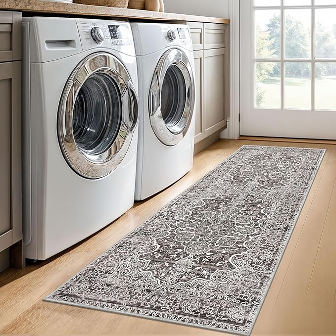 KUTA Runners for Hallways 2x6 Tan Grey, Vintage Floral Kitchen Rugs Non-Slip Washable Runner Ultra Soft Printed Retro Flower Carpet Entryway Rug for Bedroom Laundry Nursery Entryways