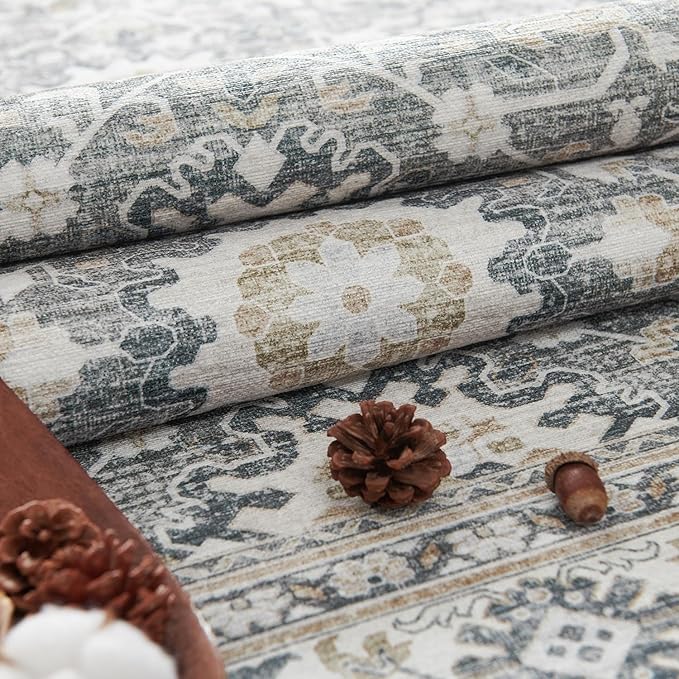 jinchan Area Rug 2x3 Washable Entryway Rug Distressed Gray Multi Vintage Floral Kitchen Print Floor Cover Indoor Doormat Retro Bathroom Living Room Bedroom Office Farmhouse Grey