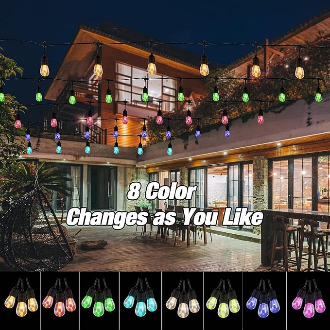 Auroraworld 24FT RGB Outdoor String Lights, Dimmable Color Changing Waterproof LED Patio Lights with Remote, 12 Shatterproof Bulbs for Backyard Garden Party Decor