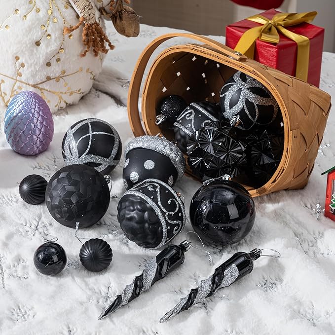 Fuovt 62pcs Black & Silver Christmas Balls Ornaments Set - 3.15" Big Christmas Balls - Shatterproof Plastic Decorative Baubles for Xmas Tree Decor Holiday, Wedding, Party Decoration (Black & Silver)