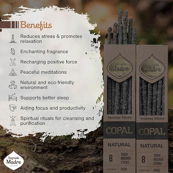 Sagrada Madre 8 pcs Wildly Harvested Thick - Natural Copal Incense Sticks, 9” Long - Eco Friendly, Aromatic Non Toxic Incense Sticks (1hr Burning Time) to Heal & Purify Your Body and Surroundings