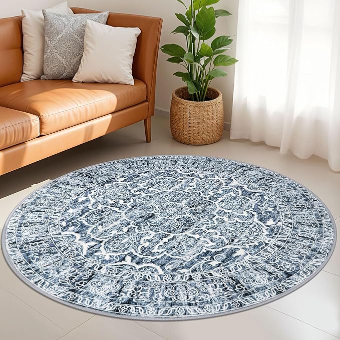 KUTA Vintage Round Rugs 5ft, Blue White Washable Circle Rug 5ft, Non-Slip Printed Floral Medallion Carpet for Living Room, Soft Cozy Dining Kitchen Throw for Entryway