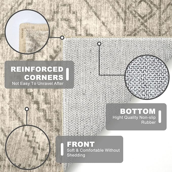 KILOCOCO Boho Entryway Rug 3x5 Area Rug Washable Non Slip Throw Rugs Soft for Kitchen Living Room Dining Bedroom Geometric Moroccan Carpet, Beige/Gray/Green