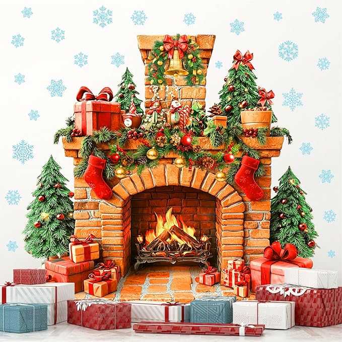 Large Fireplace Wall Stickers Removable Christmas Wall Decals Peel and Stick Fireplace Mural Sticker Winter Tree Snowflake Holiday Decorations for Walls Xmas Fire Flame Decal Party Decor
