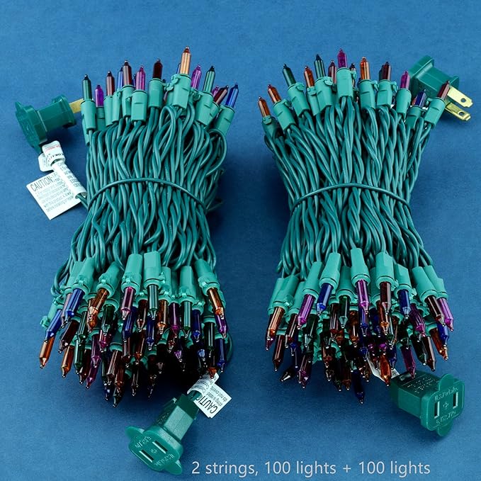 200 Count Multicolor Christmas Lights, Pack of 2 Strands 100 Count 33 ft Green Wire UL Listed Holiday String Light (Multicolor)