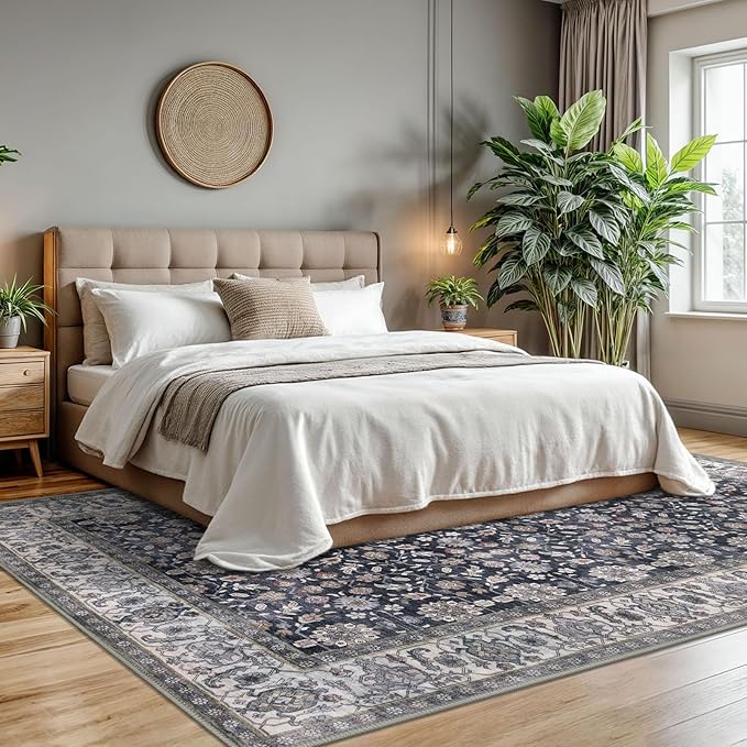 KUTA Vintage 8x10 Area Rugs for Living Room, Washable Large Rug for Bedroom 8ft x 10ft Non-Slip, Grey Black Beige Ultra Thin Soft Printed Traditional Floral Distressed Dining Room Low-Pile Carpet