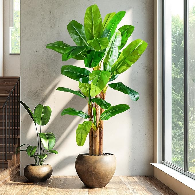8.2FT Artificial Banana Tree Tall Fake Banana Leaf Plant Faux Banana Silk Tree Faux Banana Leaves for Home Swimming Pool Indoor Outdoor Patio Tropical Decor