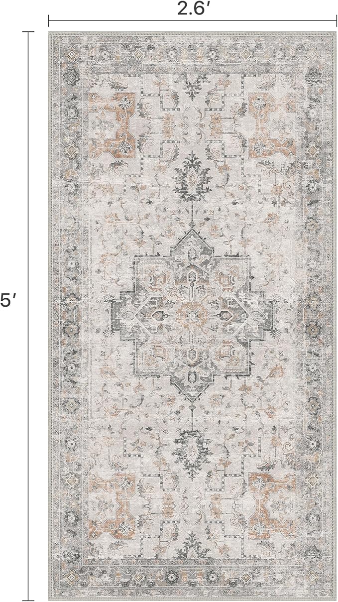Runner Rug 2'6''x5 Non Slip Machine Washable Vintage Hallway Runner Rug, Low Pile Lightweight Rugs for Entryway, Hallway, Kitchen and Corridor, Light Taupe Brown