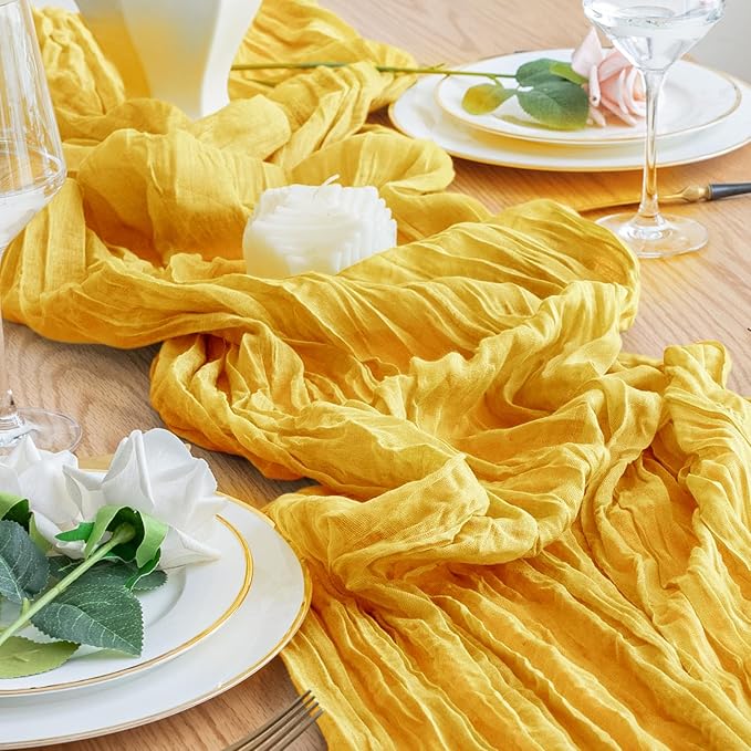 6PCS Table Runner Cheesecloth 10FT Gold Boho Gauze Cheese Cloth Rustic Sheer Table Runners for Wedding Bridal Baby Shower Party Decoration