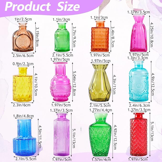 12 Pack Glass Bud Vases, Colorful Bud Vase Set, Colored Small Vases for Flowers, Mini Vintage Glass Flower Vase in Bulk for Centerpieces Wedding Home Office Table Party Decor