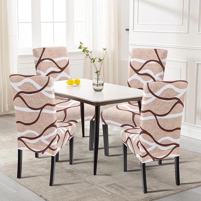 SearchI Dining Room Chair Covers Set of 4, Stretch Printed Parsons Chair Slipcovers Super Fit Spandex Removable Washable Kitchen Chair Protector Cover for Dining Room, Hotel, Ceremony (Khaki)
